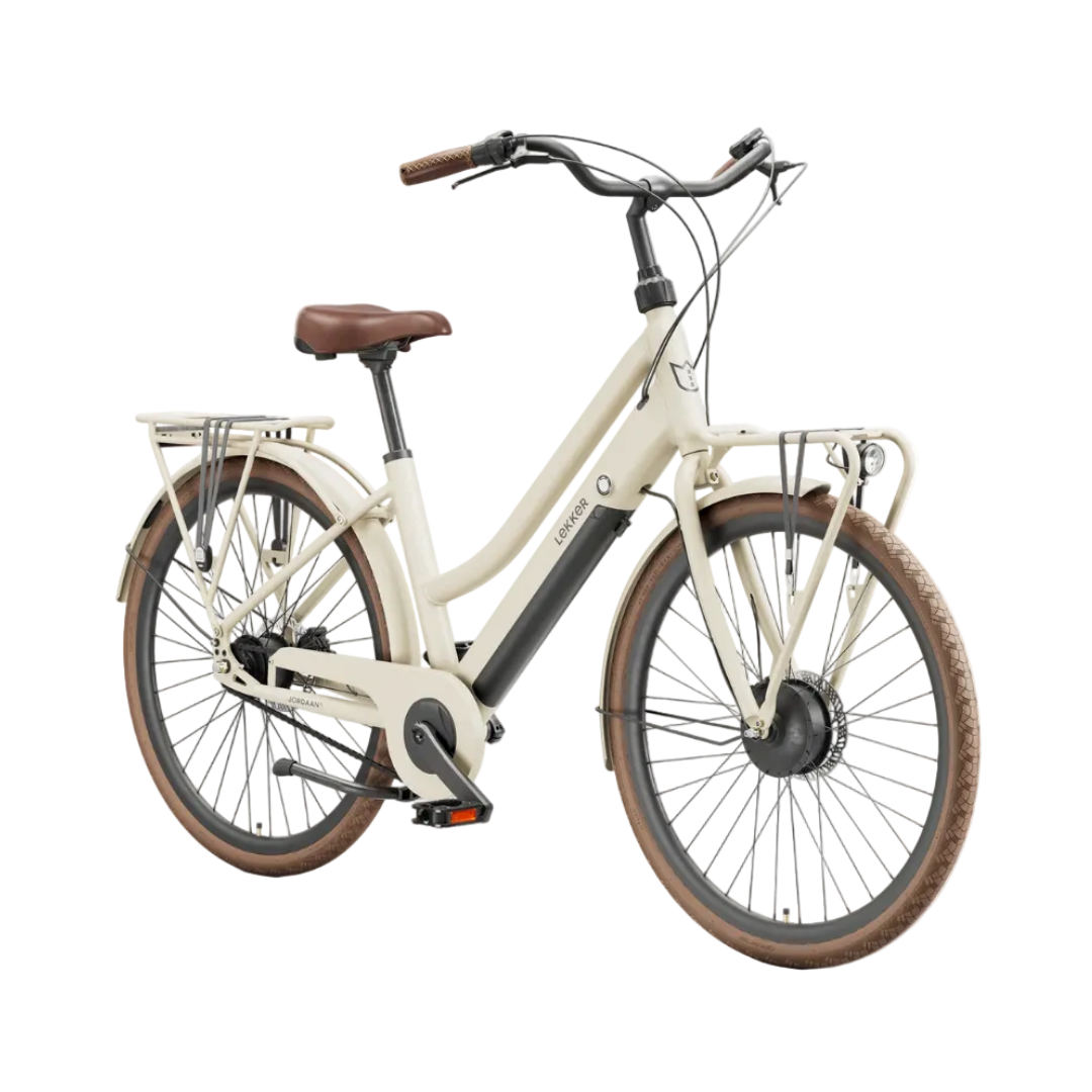 A step-through electric city bicycle with an off-white frame, brown saddle and tires, and black handlebars, shown on a plain white background.