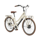 A step-through electric city bicycle with an off-white frame, brown saddle and tires, and black handlebars, shown on a plain white background.