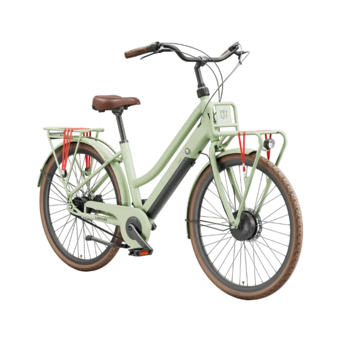 A step-through electric bicycle in a light sage green color, featuring brown leather saddle and grips, brown tires, and red reflectors, shown against a plain white background.