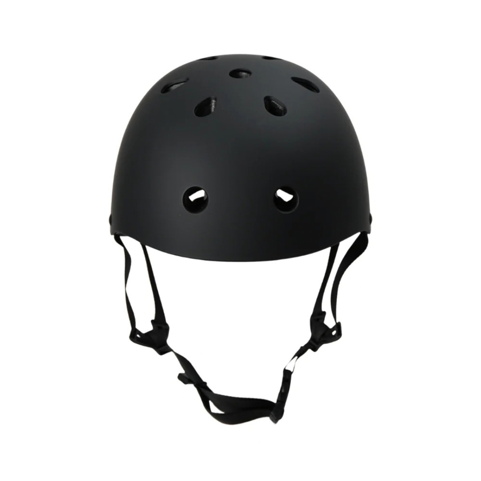 A matte black safety helmet with multiple ventilation holes and adjustable black chin straps, shown against a plain white background.