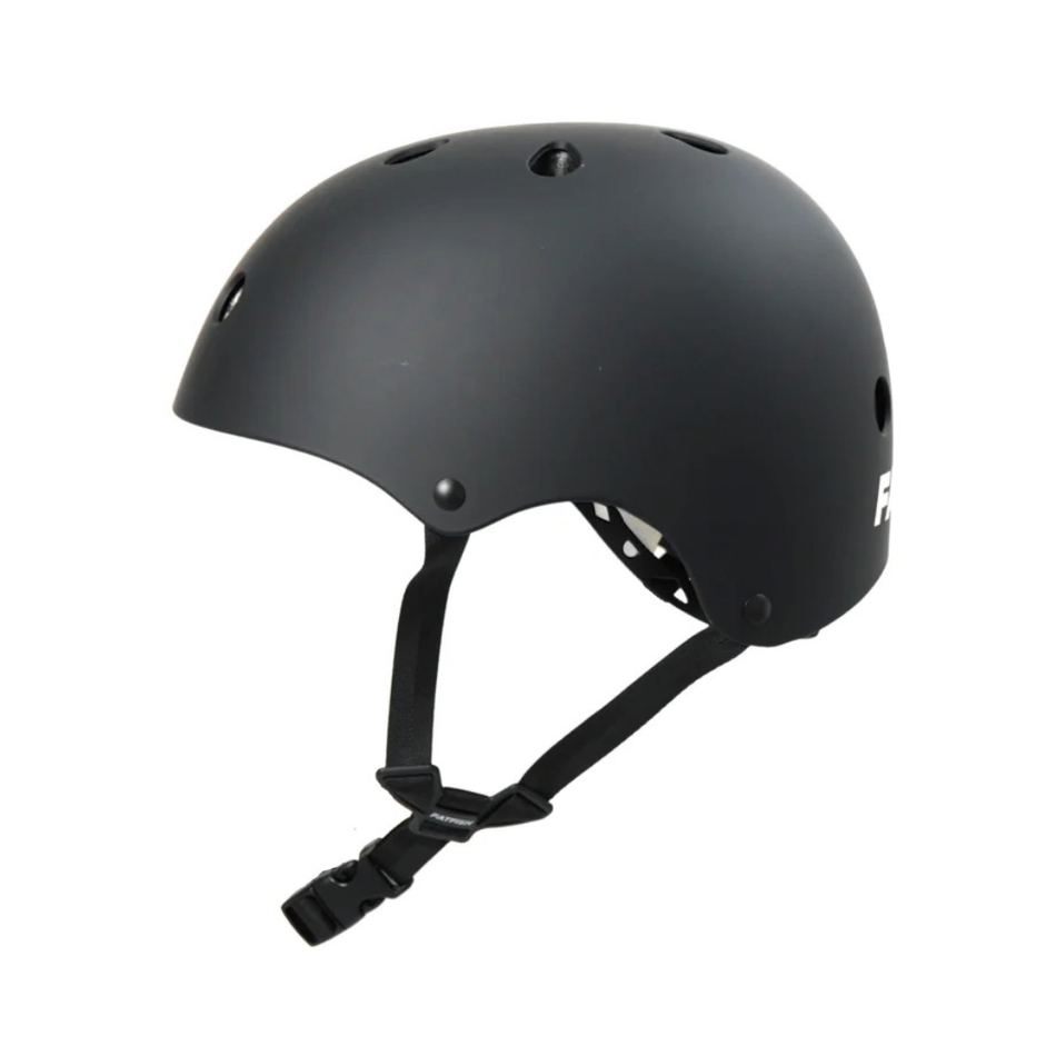 A matte black skate helmet with a chin strap, shown from a three-quarters angle against a plain white background.