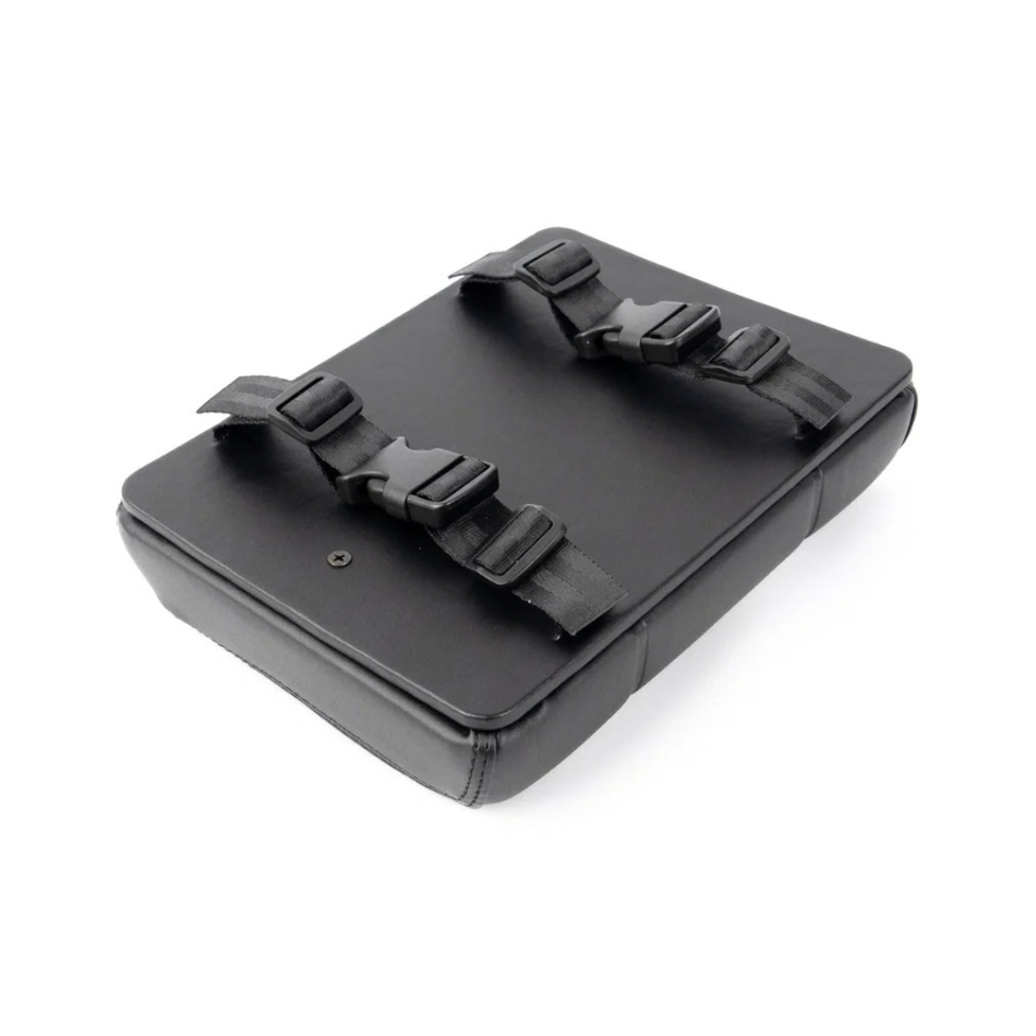 A black rectangular padded case with two adjustable strap closures and plastic quick-release buckles, shown on a plain white background.