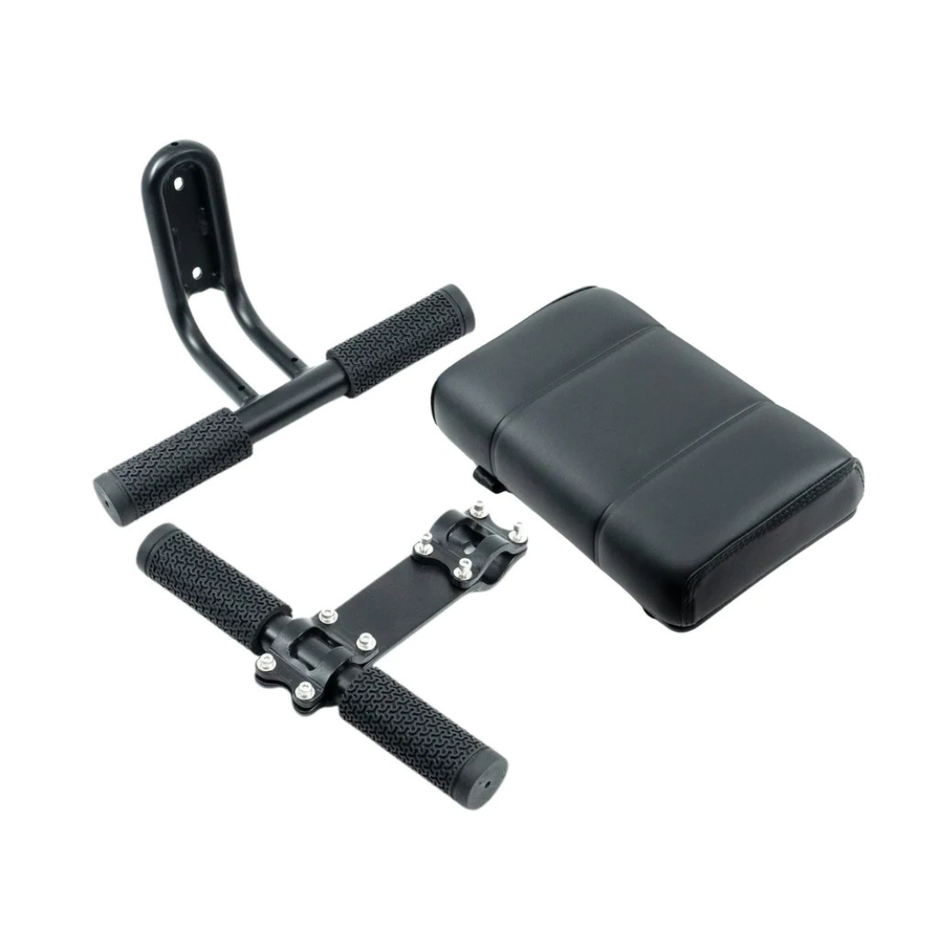 Black leg extension weight bench attachment set with two textured handlebar grips and a padded black seat cushion, shown on a plain white background.