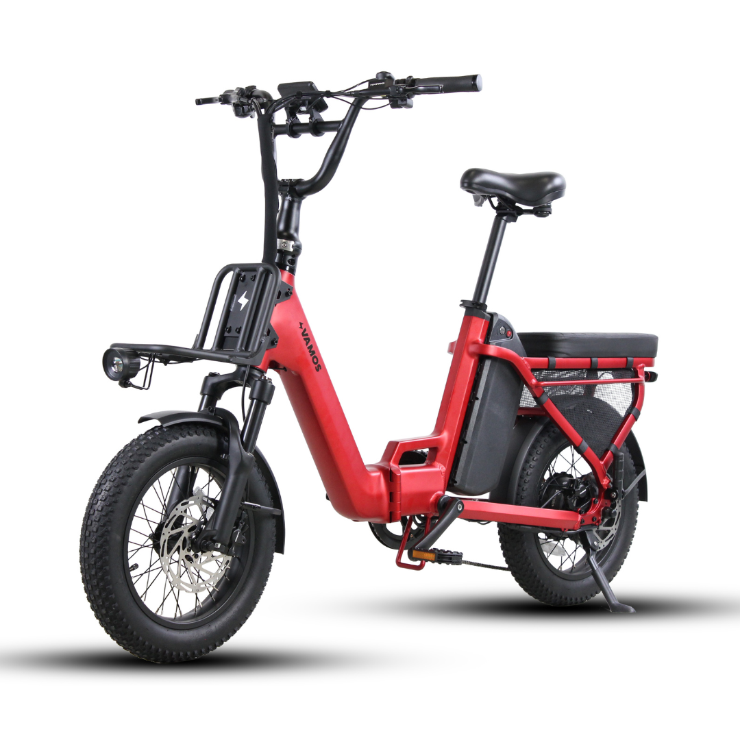 Red Vamos Doblez Folding Compact Electric Fat Tyre Bike Front Left View